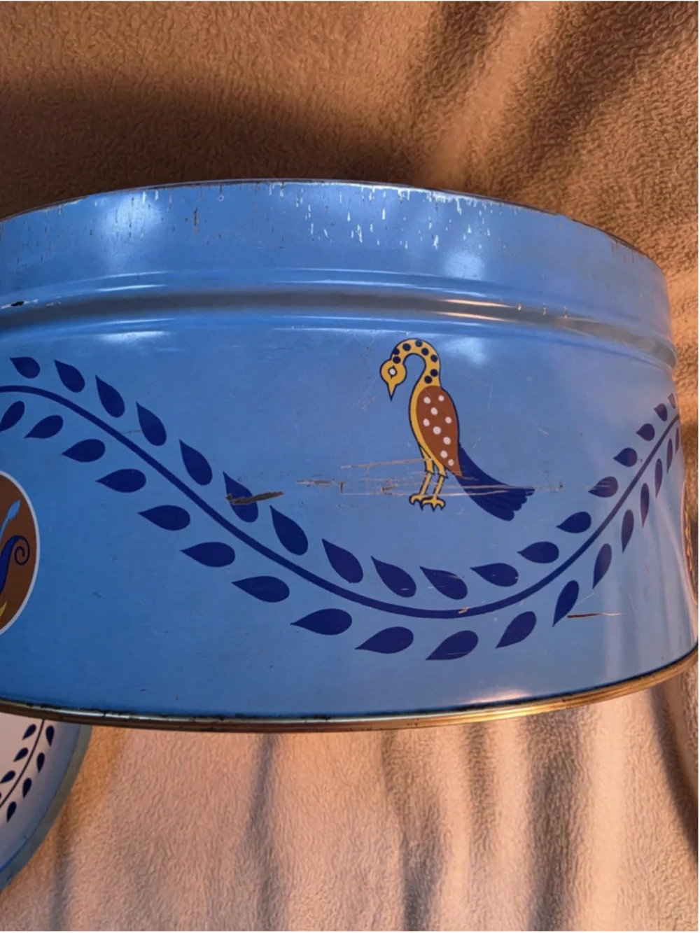 Vintage 1970s Pennsylvania Dutch Blue Metal Cookie Tin Tray Lid Folk Art Amish